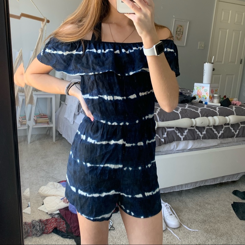 Navy tie dye off the shoulder romper